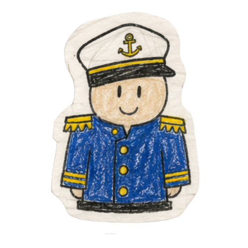 Hand-drawn captain character in a blue coat and captain's hat
