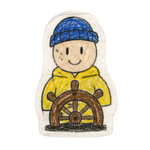 Hand-drawn Skipper character in a yellow raincoat at a ship's wheel